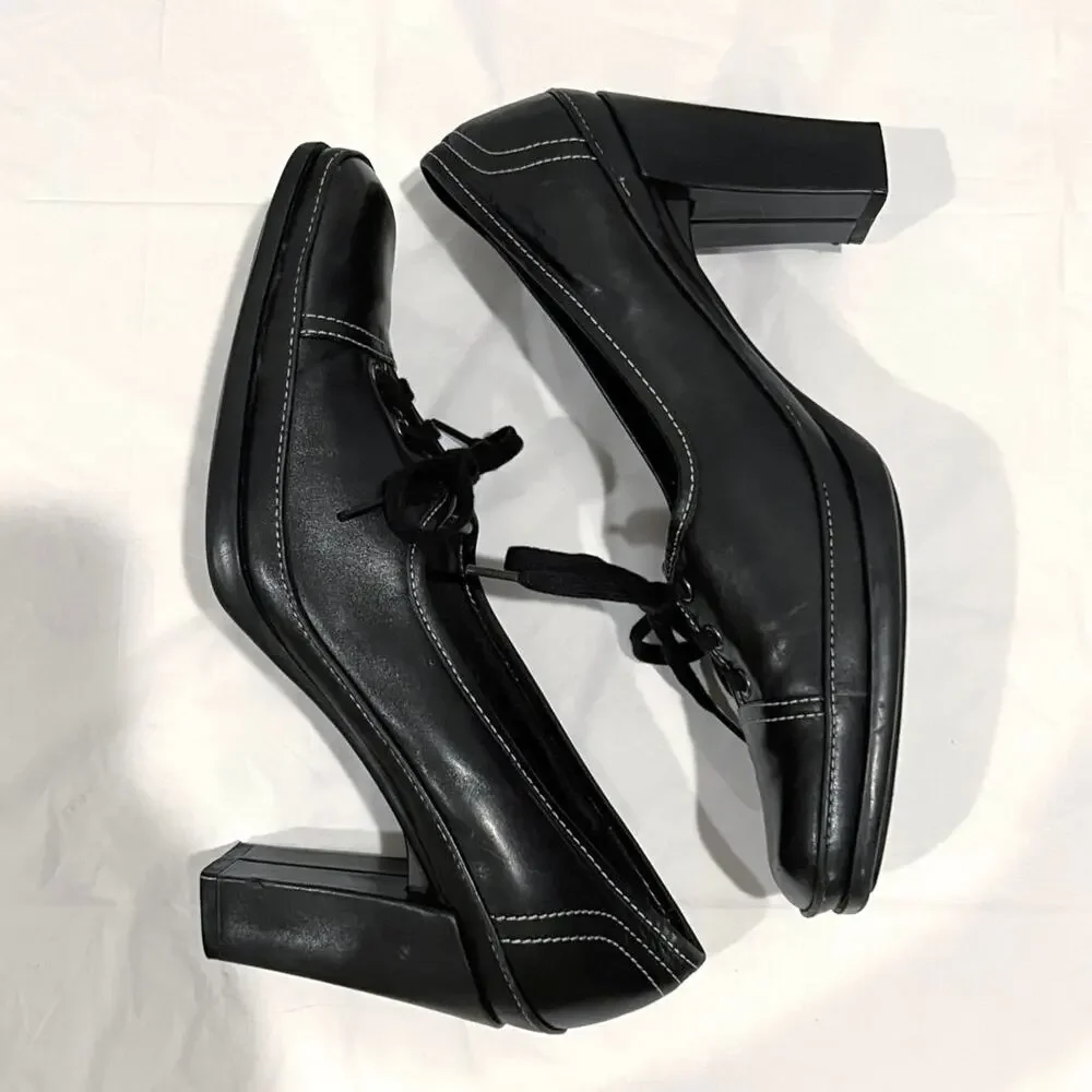Vintage 90s Lace Up Oxford Size 8.5 Black Leather Square Toe Heels VS Macbeth - Picture 6 of 15